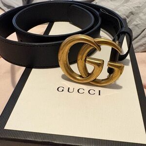 Gucci Black Leather Belt with Gold Interlocking G Buckle